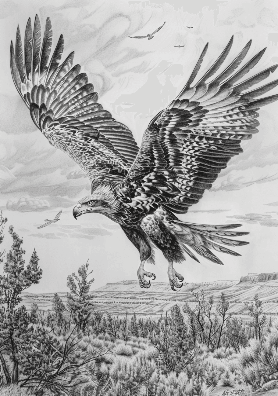 AI generated: A pencil drawing of an eagle carrying away the body of a horse in mid air, background with desert an...
