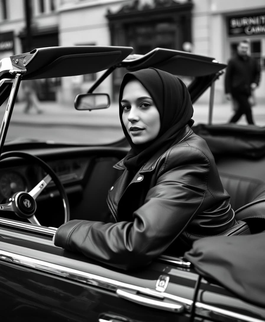 AI generated: Black and white street photography of an attractive woman in leather jacket with headscarf sitting i...