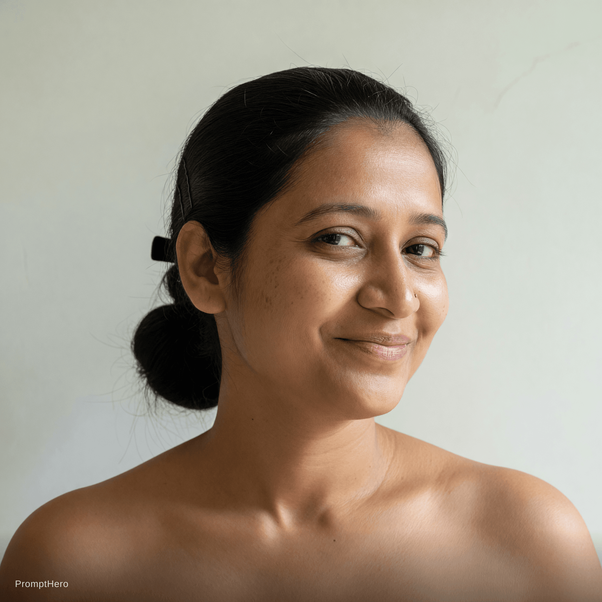 AI generated: Realistic Indian woman, 32 years old, medium wheatish skin tone, expressive dark brown eyes, straigh...