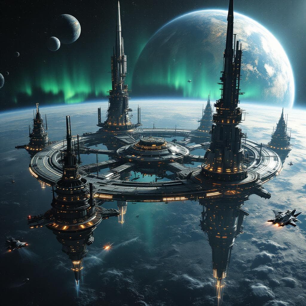 AI generated: “A massive orbital space station in Earth's upper orbit, capable of docking ten massive interplaneta...