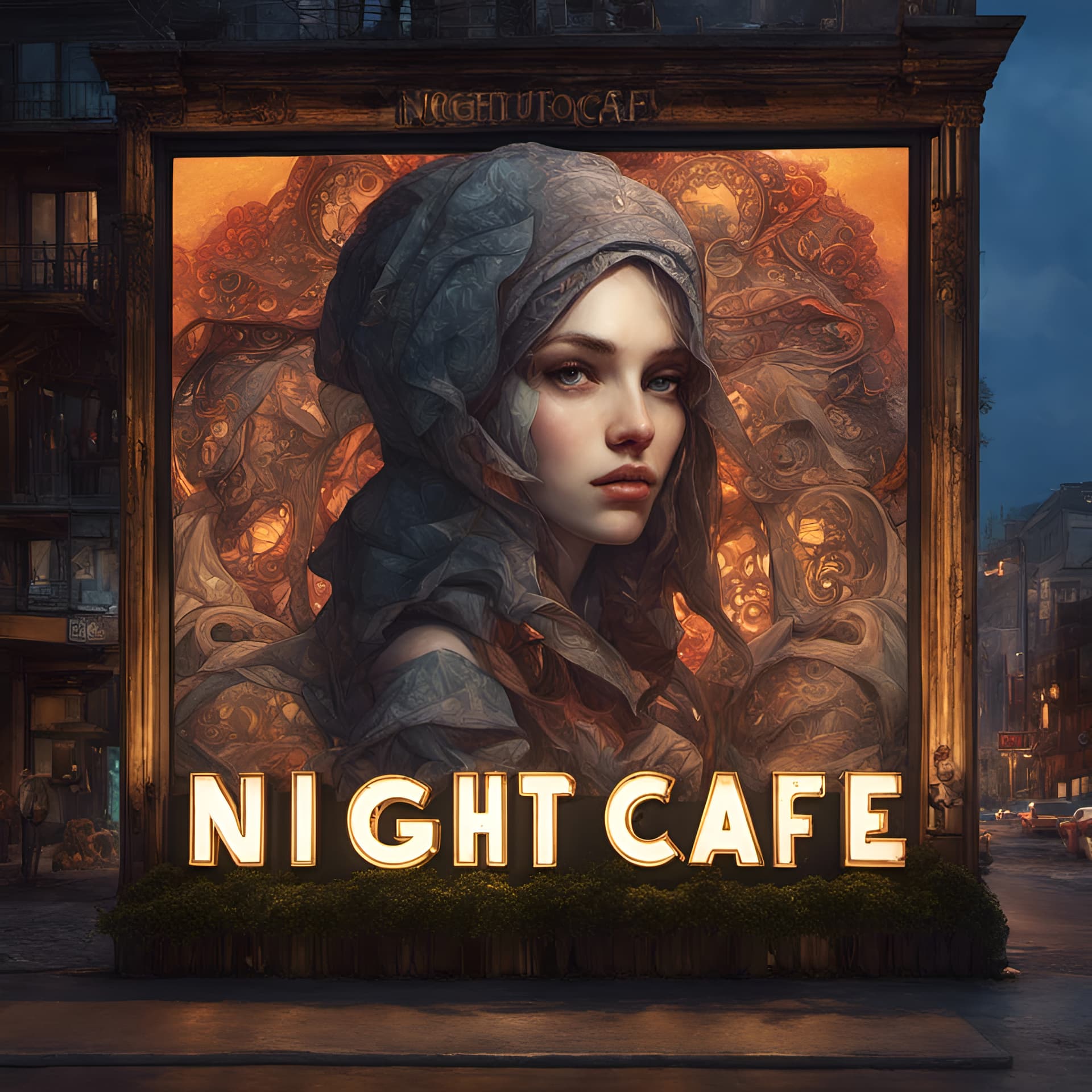 AI generated: The text letters ((((NightCafe)))) as a billboard sign near an exit, highly detailed, intricate, pho...