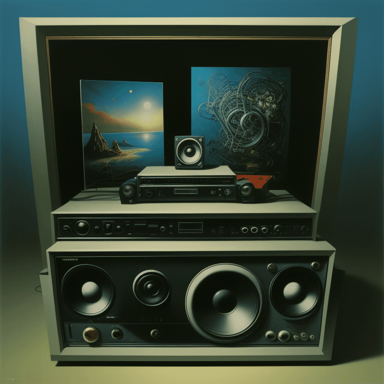 AI generated: music Album cover picture, surreal art, oil picture, speaker,  electronic, 1980