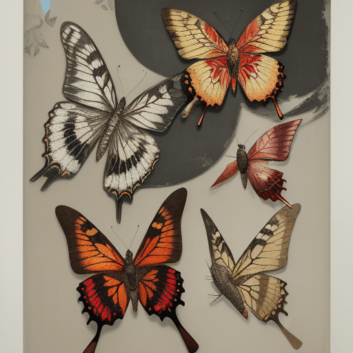 AI generated: aquatint, Audubon, retro, collaged textured butterflies and birds :: streaks of silver, red and gold...