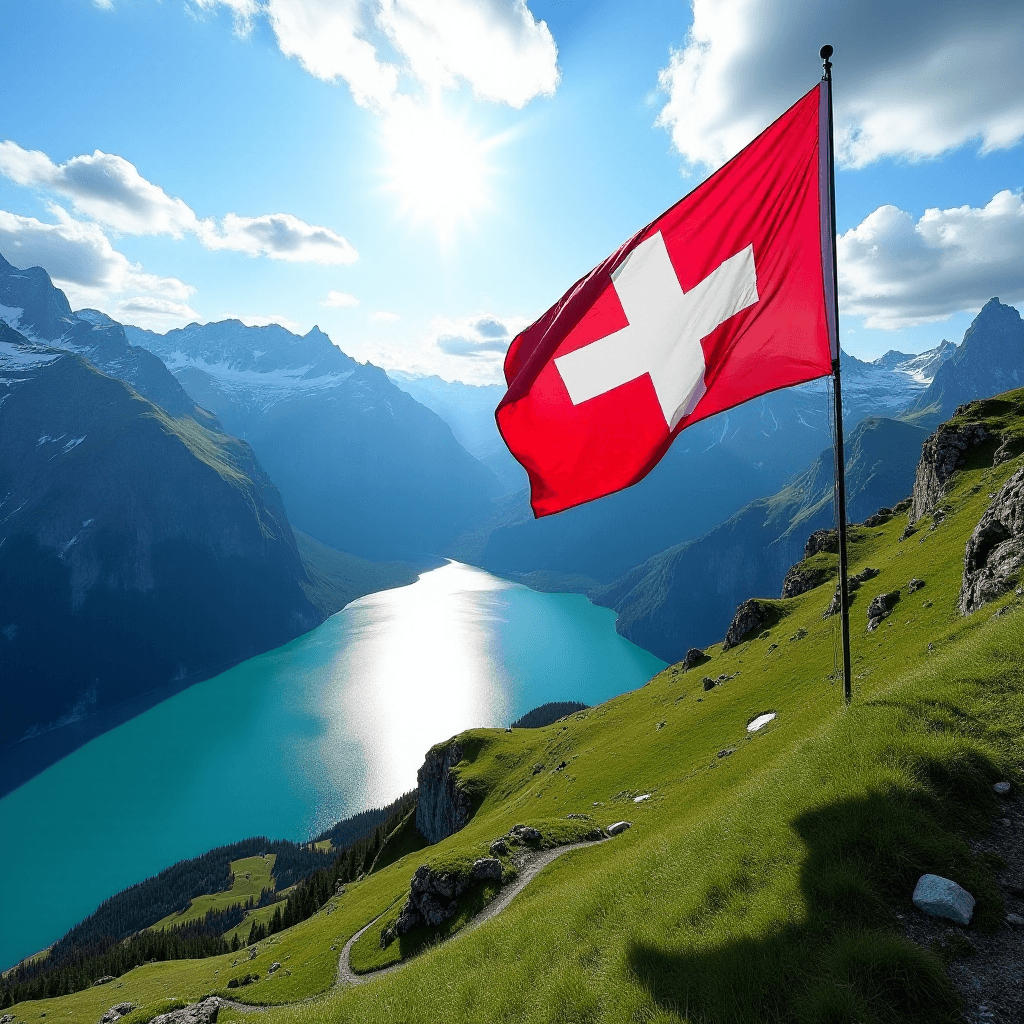 AI generated: [A breathtaking panoramic view from a high alpine ridge in Switzerland. A vibrant red Swiss flag wit...