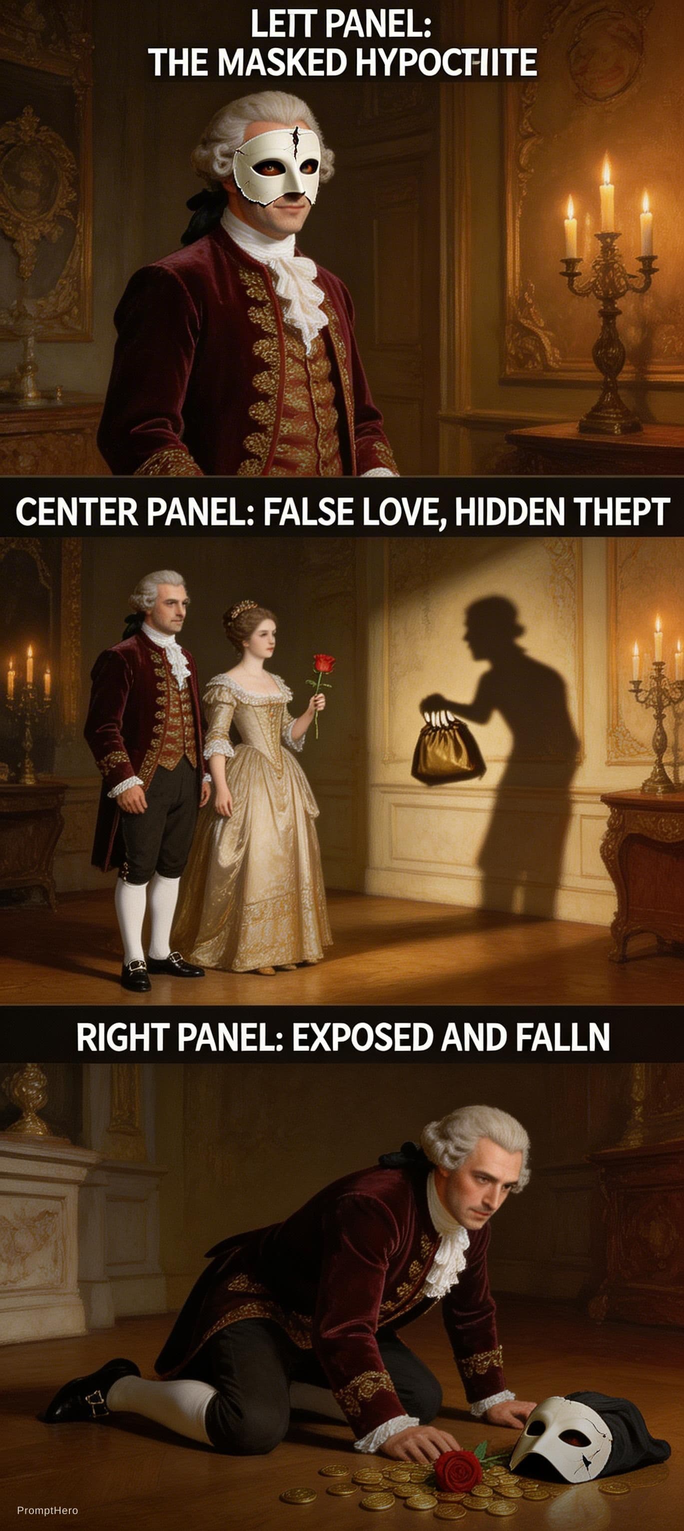 AI generated: A dramatic triptych cinematic composition of Fainall from The Way of the World (1700), late 17th cen...