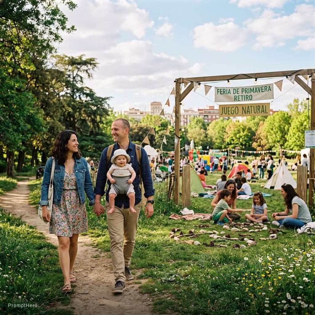 AI generated: A family of mother, father and a baby, enter a space in a green field from a natural park by the cit...
