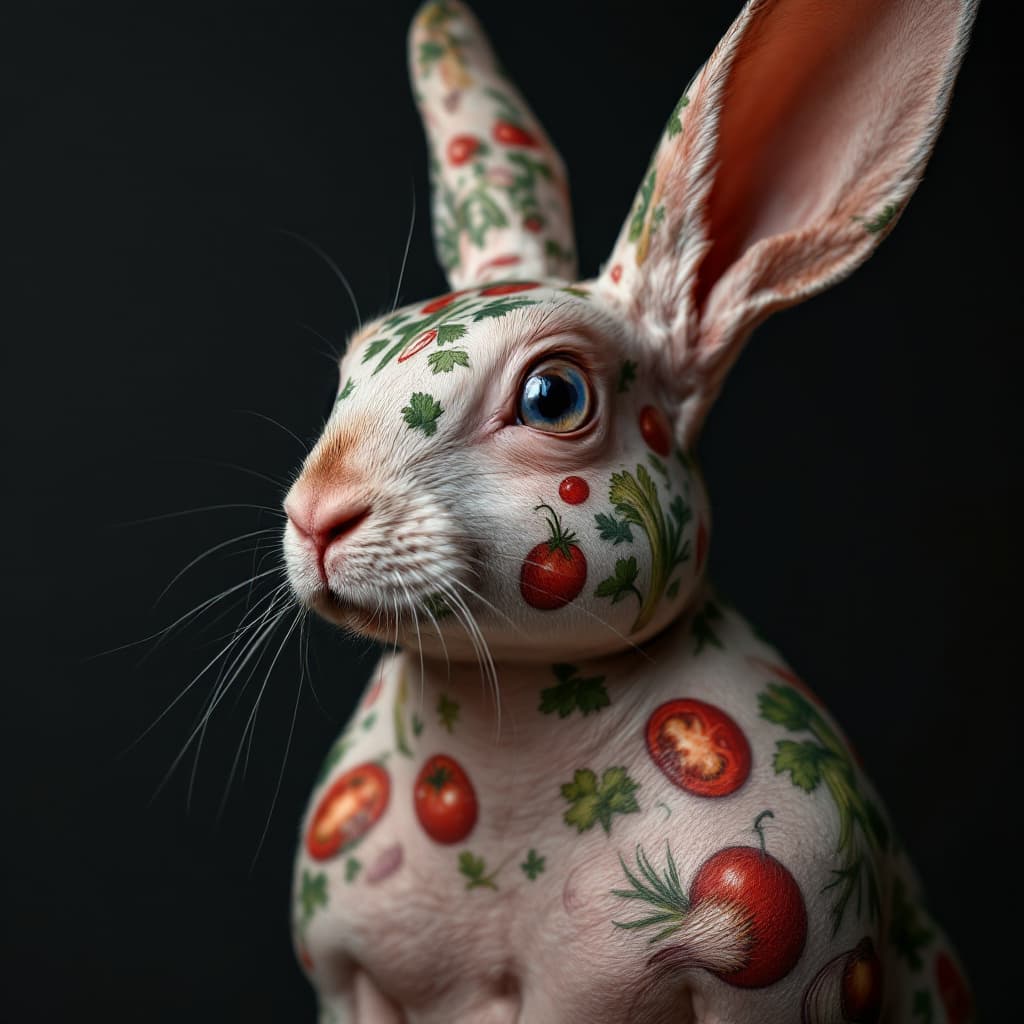 AI generated: photo close up,  studio portrait, hairless, shaved, no hair , bald shaved big fat rabbit  tattooed  ...