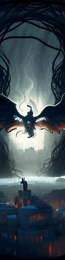 AI generated: A image in the style of a tapestry of a giant monster in a robe and a hood over its head obscuring i...