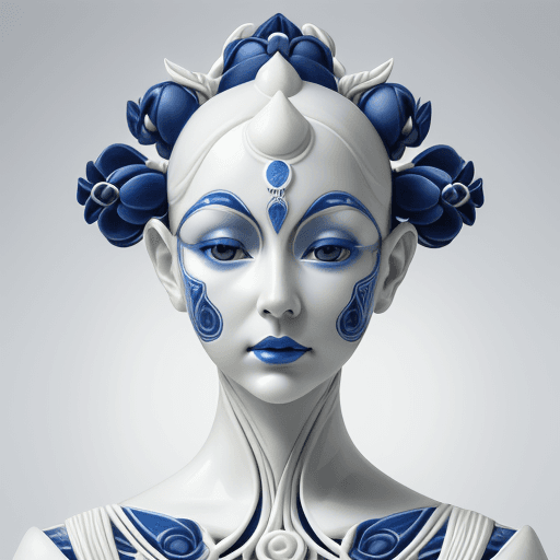 AI generated:  a woman made out of porcelain, in the style of balanced symmetry, white and blue, detailed facial f...