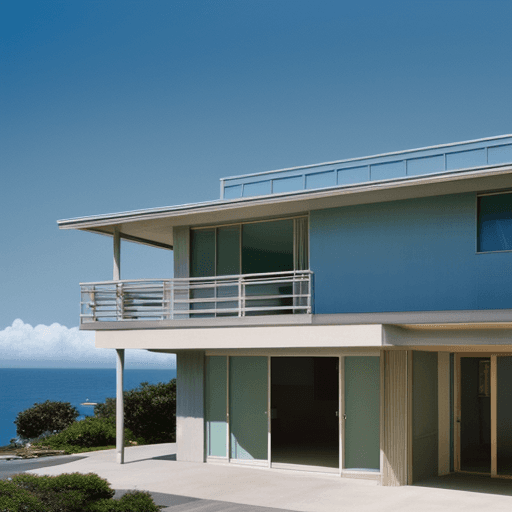 AI generated: Hyper realistic eye level exterior photo of a mid century modern style house overlooking the ocean, ...