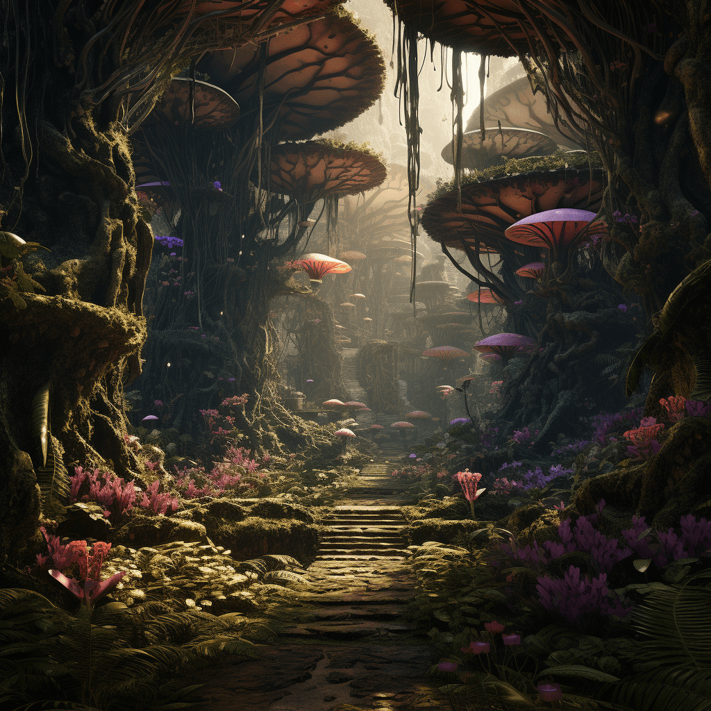 AI generated: captivating neverending rainforest made of wonderland, variety of alien flora and fauna, high detail...
