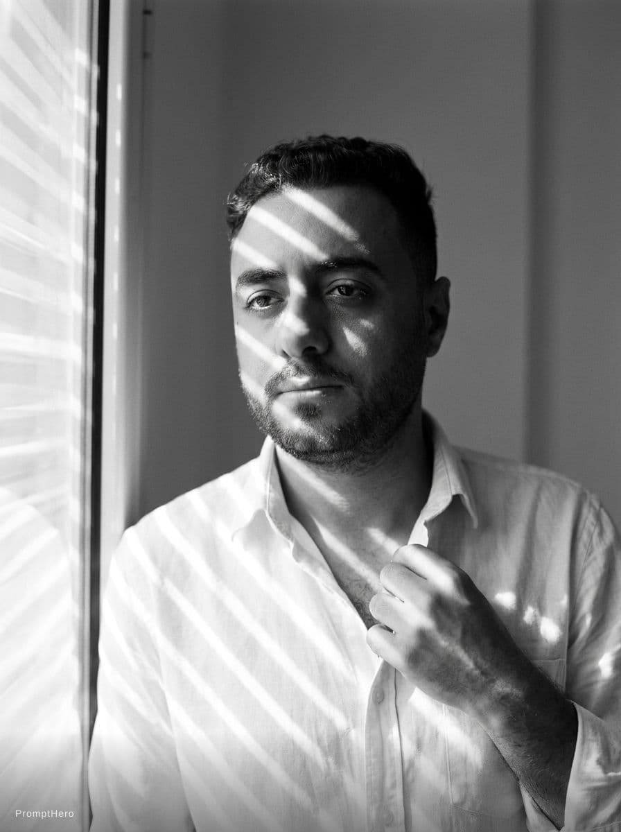 AI generated: 

Ultra-realistic 8K black and white cinematic mid-shot portrait of a young man (use this face) stan...