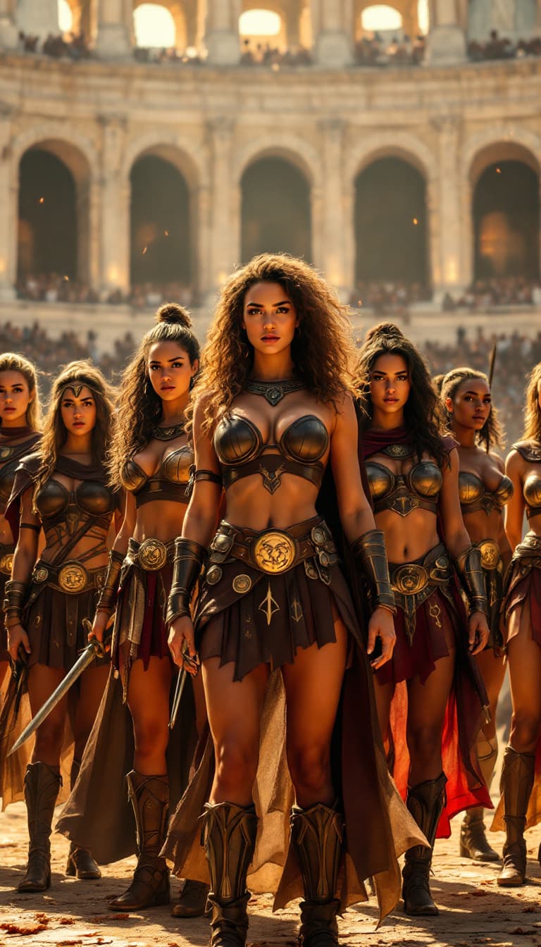 AI generated: "A group of seven fierce, multiracial superheroines standing together in the heart of ancient Rome, ...