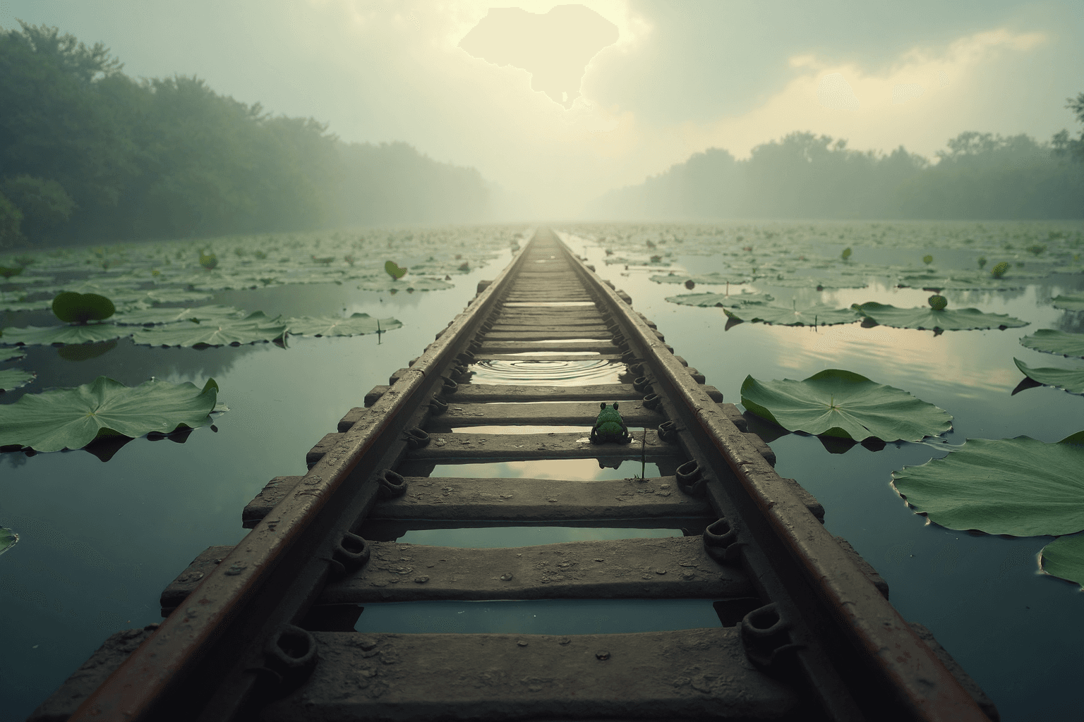 AI generated: A single set of rusty train tracks stretches through a calm, misty swamp, weaving between large lily...