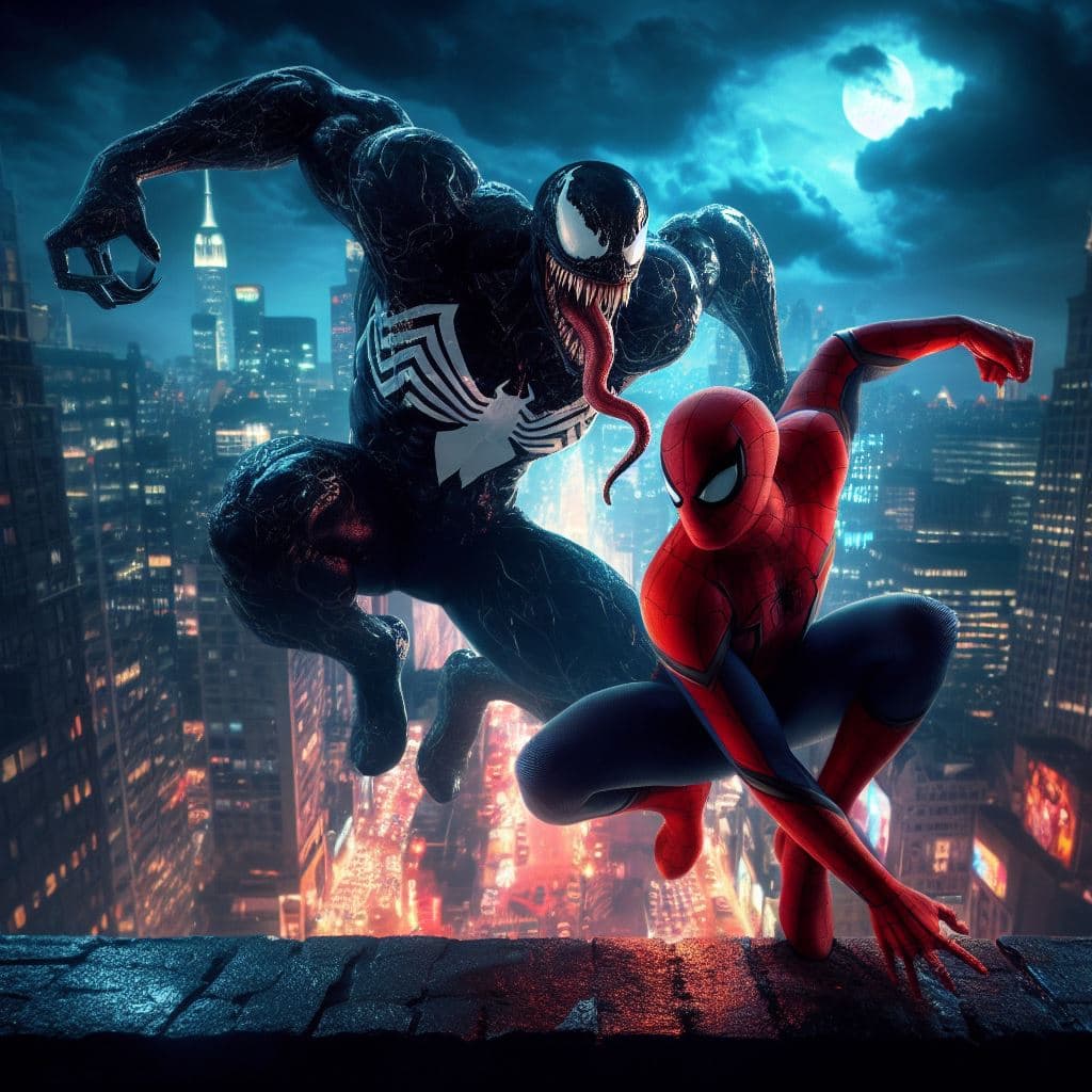 AI generated: spiderman vs venom,very epic,photorealism, beautiful, shiny,dynamic lights 