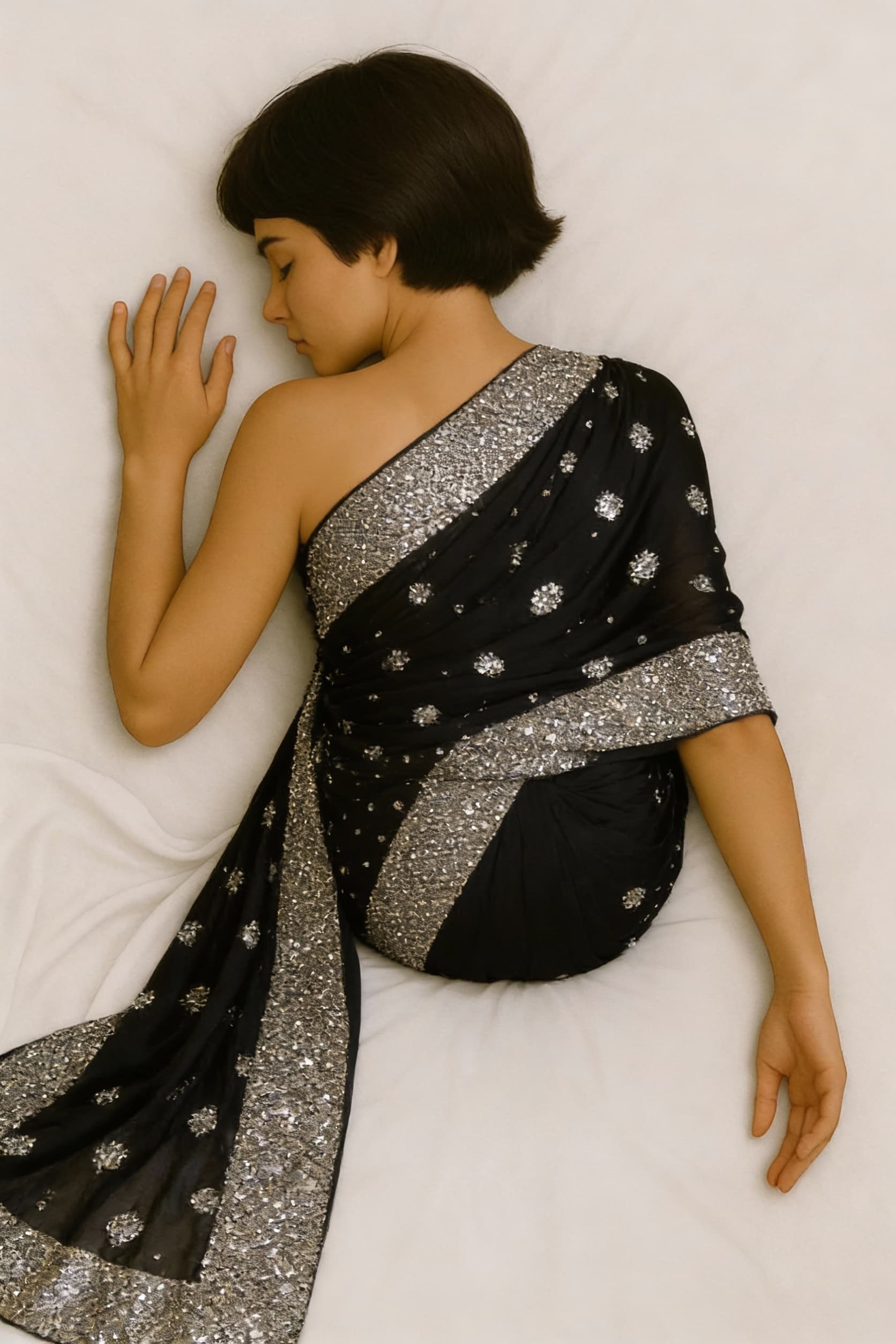 AI generated: This girl is sleeping lying face down on bed as prone position in black saree 