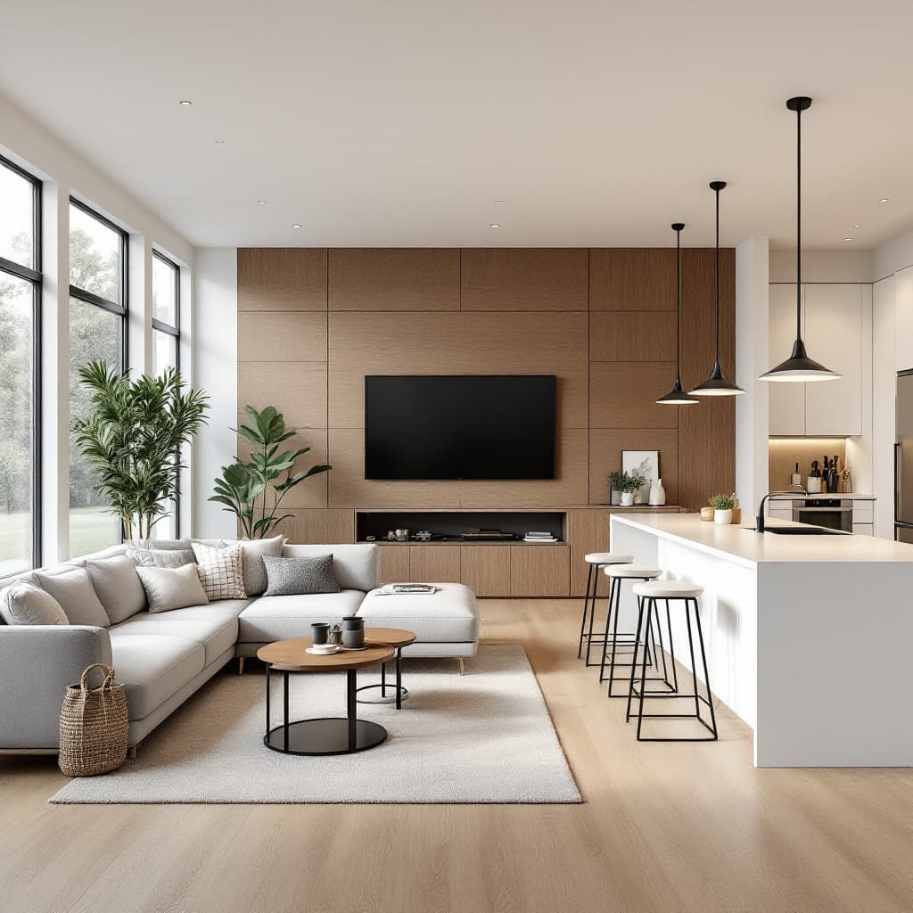 AI generated: A modern and stylish open-concept living room and kitchen with a warm, inviting atmosphere. The livi...