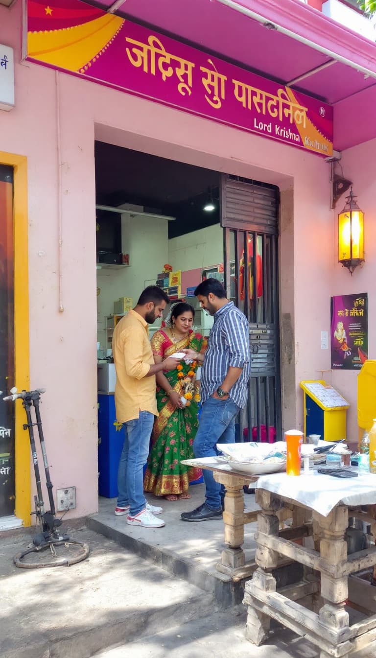 AI generated: Lord Shri Krishna,  buying Kulfi from a kulfi in  Marine drive, Mumbai