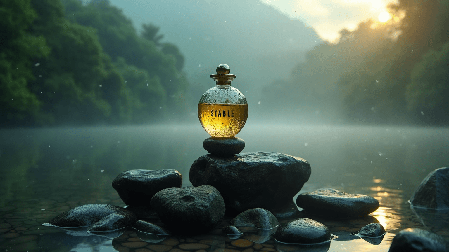AI generated: promo photo of a spherical round shaped to mimic water drop (a flask of luxury and very expensive pe...
