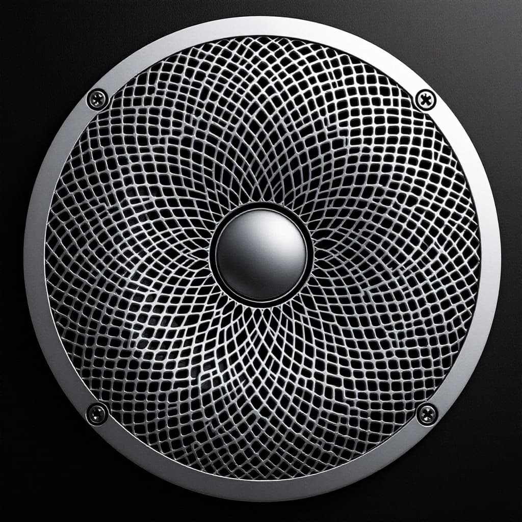 AI generated: A 2-inch circular speaker cover with a unique and intricate grill design. The grill pattern should b...