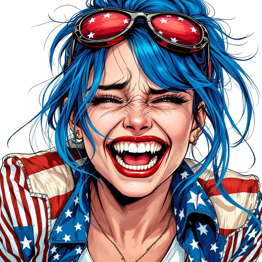AI generated: A manga-style woman with vibrant blue hair, wearing a bold, stylish outfit inspired by the American ...