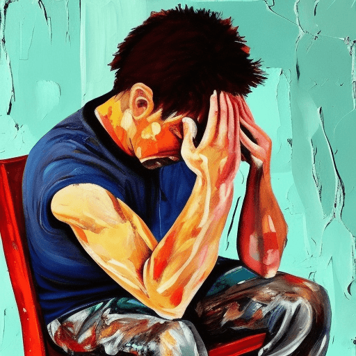 AI generated: painting of sad man sitting on chair, eyes are teary, holding face, pallet knife painted, thick text...
