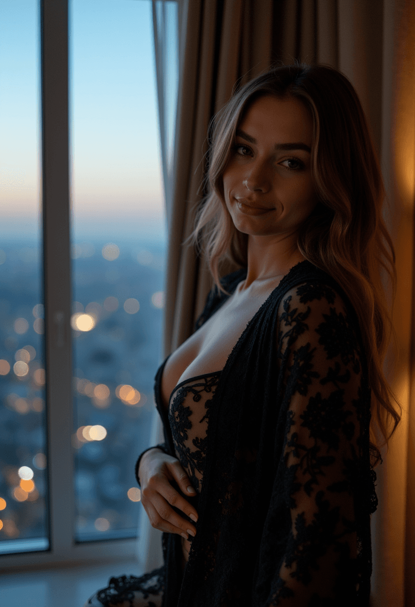 AI generated: A young woman stands alone in the quiet intimacy of her hotel room, lost in thought as she poses for...