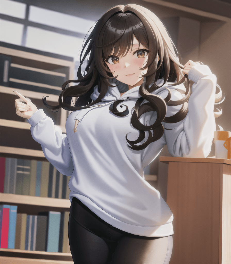 AI generated: (perfect anime illustration), 1girl, curly brown hair, best girl hair, indoors, library, standing, b...