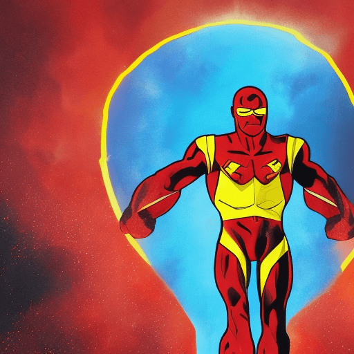 AI generated: a blackman in a red and yellow superhero suit  hold two sprays in front the midnight sky standing li...