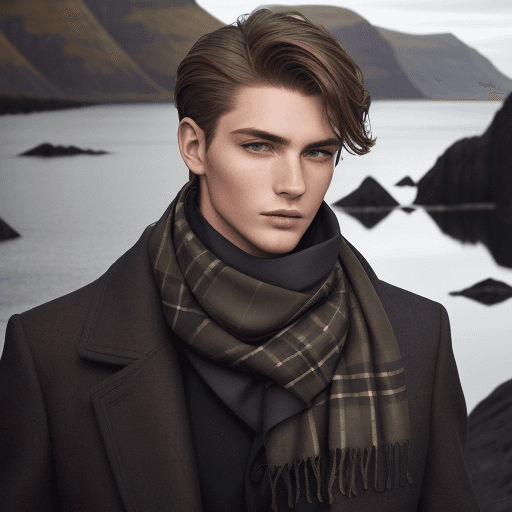 AI generated: young man in nature, beautiful fashion scarf, dressed for the camera, styled by darius endresen, chr...
