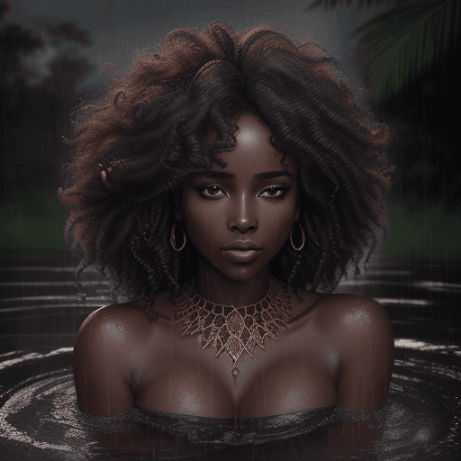 AI generated: An exquisite portrait of an African woman with fair skin and a realistic curly hair bathing in the p...