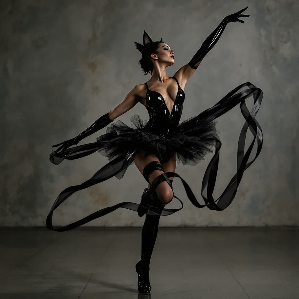 AI generated: passionate athletic ballerina showing off in shiny black , in the style of bold domestic intimacy an...