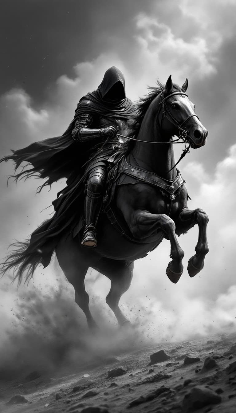 AI generated: Black and white art of a hooded knight riding his horse in full gallop, smoke around him, detailed, ...