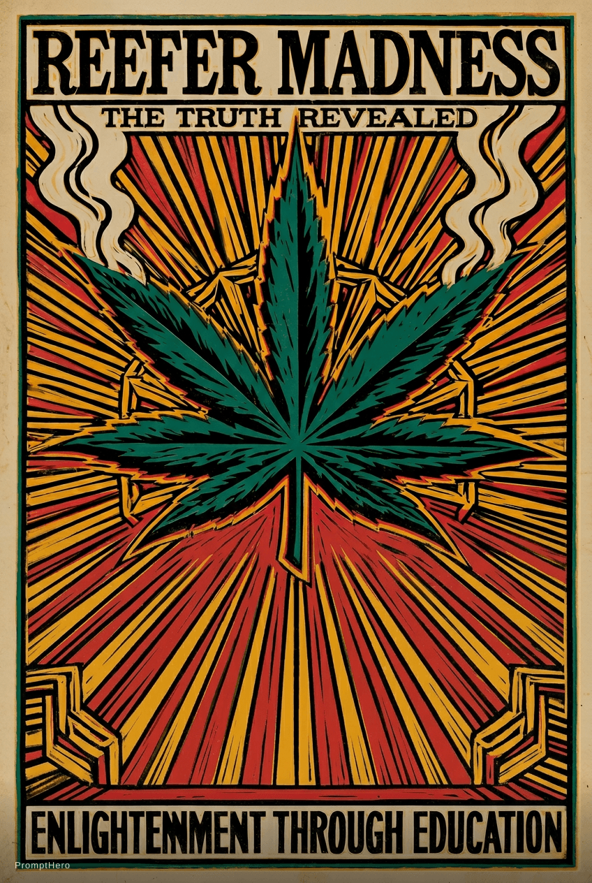 AI generated: A bold propaganda poster with "REEFER MADNESS" in heavy letters at the top, "THE TRUTH REVEALED" in ...