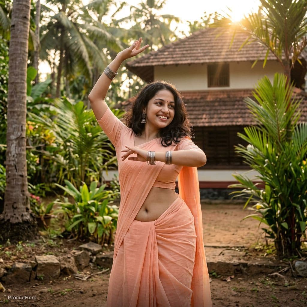 AI generated: A stunning, 30 year old South Indian woman, She is dancing on the backyard of her home wearing styli...