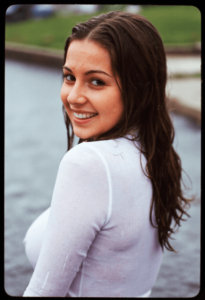AI generated: The woman in the 35mm film photograph has long brunette hair that appears wet, suggesting it might b...