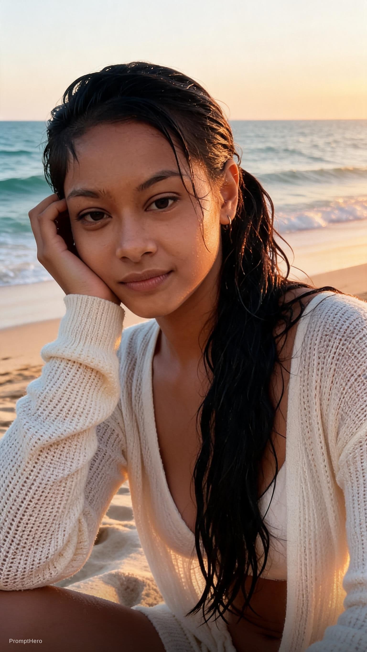 AI generated: A cinematic, photorealistic portrait of a mention woman relaxing on a sun-drenched tropical beach at...
