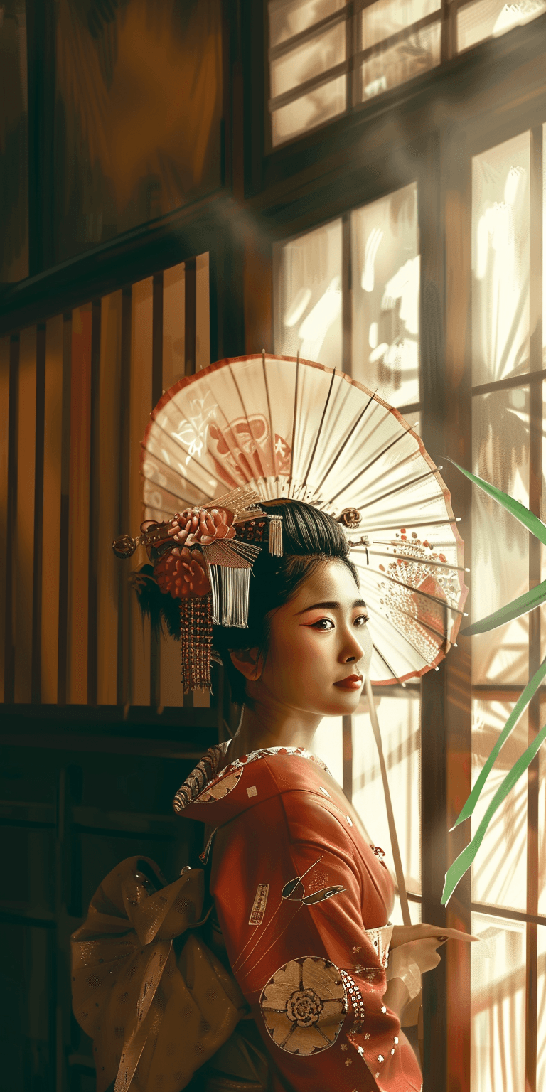 AI generated: Japanese geisha, Edo period, in the style of traditional Japanese imagery, light white and dark crim...