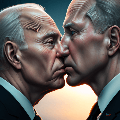 AI generated: Photo of a ultra realistic president Biden kissing ass of President Putin , dramatic light, pale sun...
