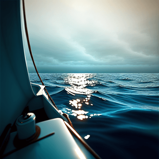 AI generated: view from the water surface, in an empty calm ocean, a distant horizon, and hazy sky (with no Sun). ...