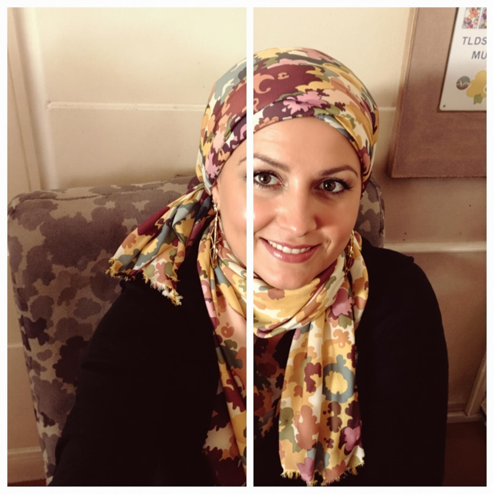 AI generated: The image features a woman wearing an tosca scarf, which is wrapped around her head. She is sitting ...