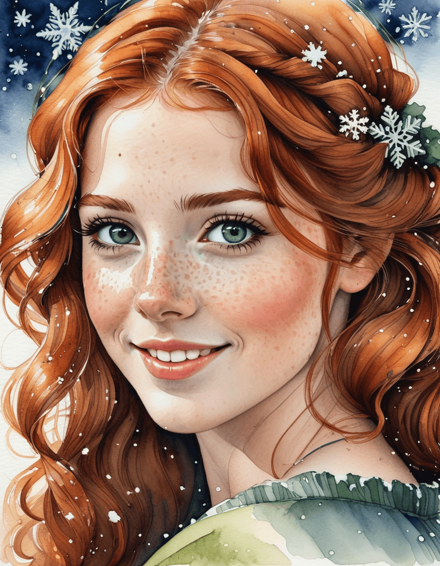 AI generated: ink and watercolor, baroque style, freckled face of a young Irish woman, long auburn hair, snowflake...