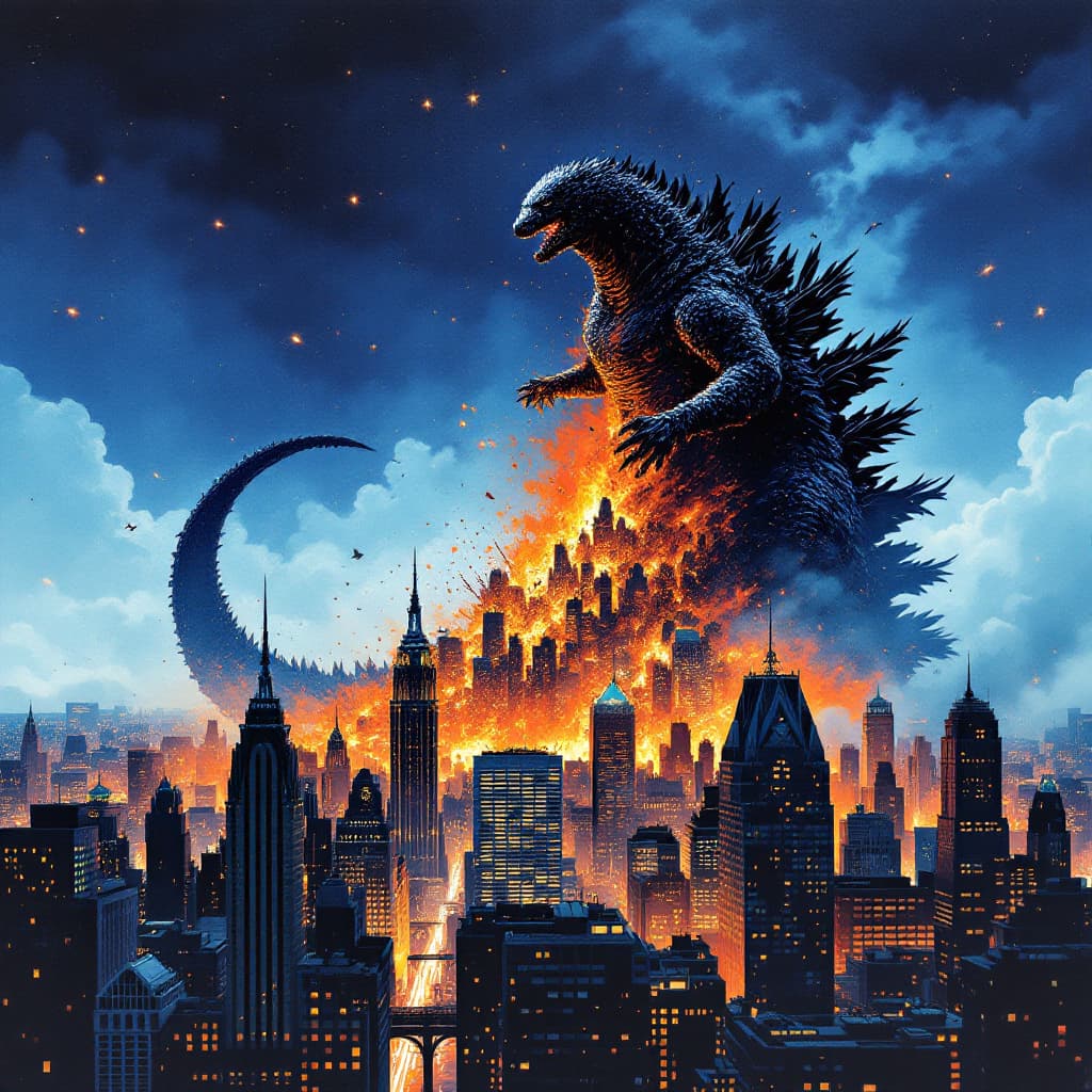 AI generated: pointillism of godzilla destroying a city