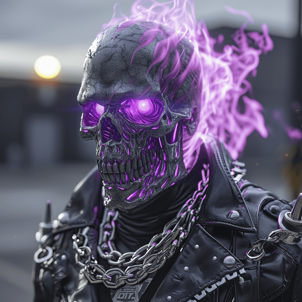AI generated: ghost rider advanced 2077, military grade jacket, heavy duty accessories, purple blazing skull, silv...