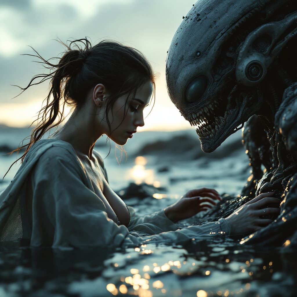 AI generated: Une femme débarque de son vaisseau et se retrouve face à des extraterrestre humanoïde très sexy, pal...