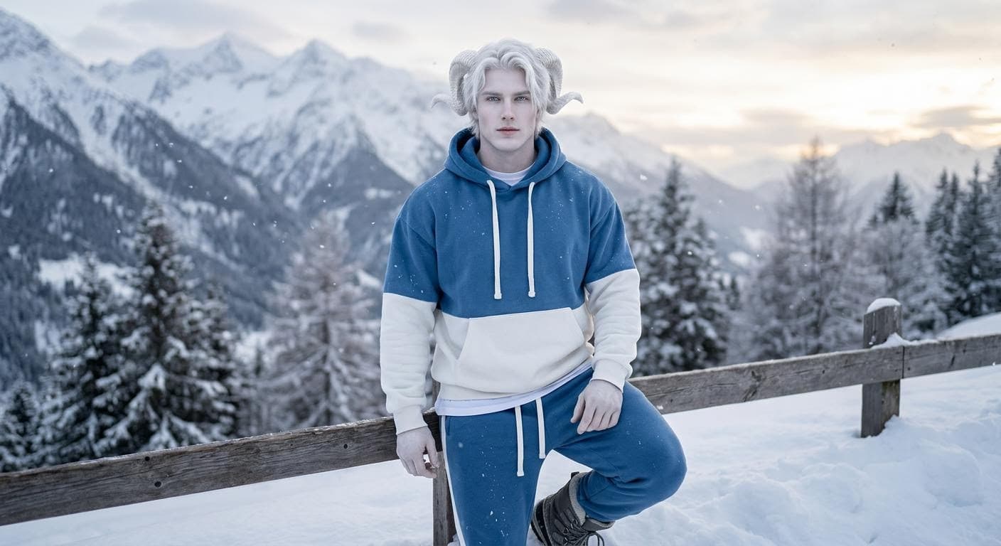 AI generated: A muscular attractive man with literal snow white skin and white hair with glacier blue eyes with bl...