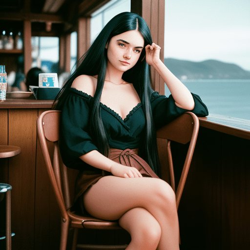 AI generated: a dark hair woman with long hair leans on a chair, in the style of social media portraiture, earthco...