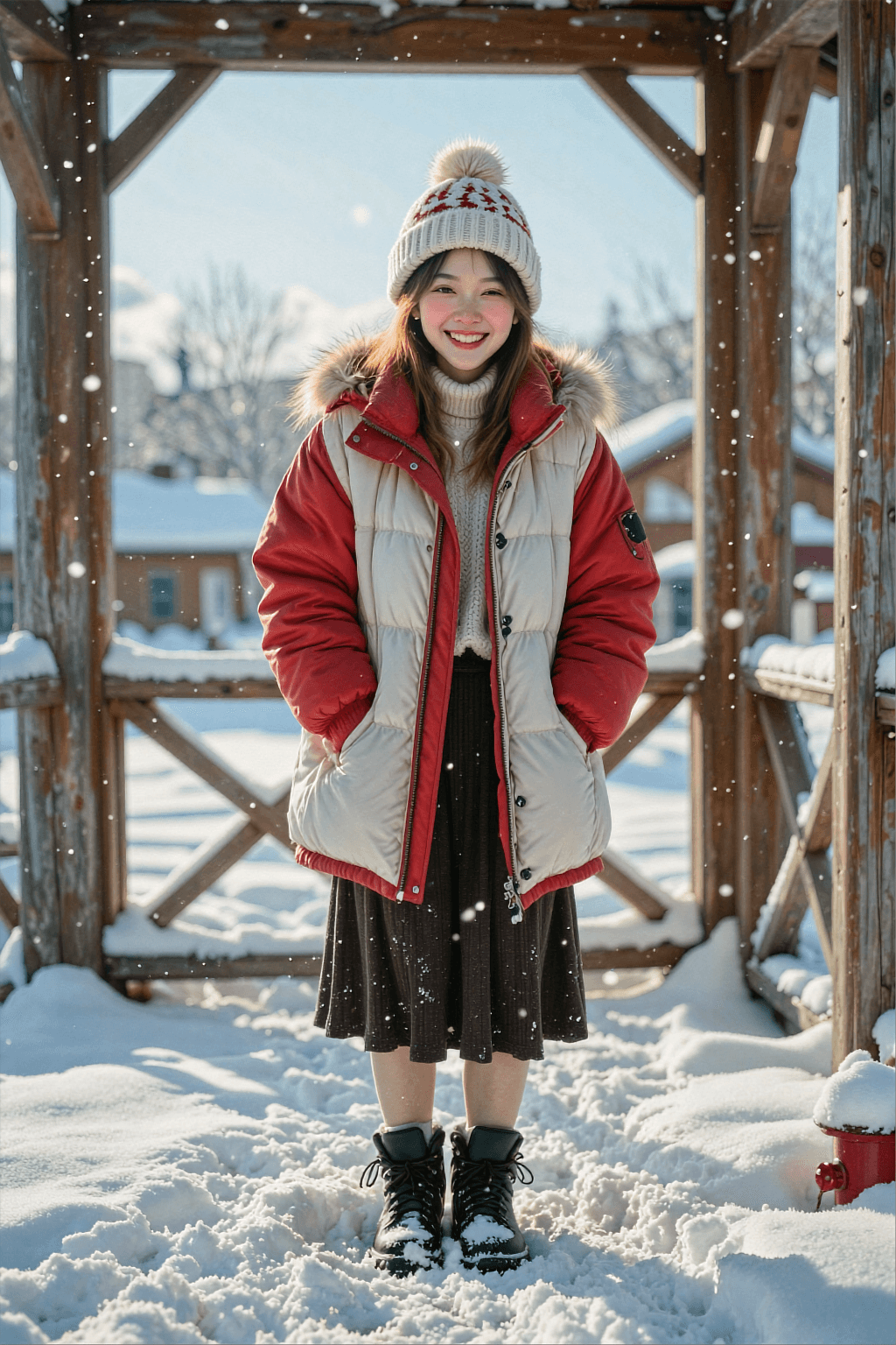 AI generated: A highly detailed, photorealistic, cinematic full-body shot of a cheerful young chinese woman standi...