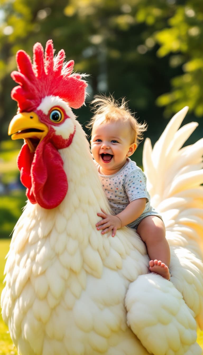 AI generated: A happy baby laughing and riding on a giant chicken in a sunny park,
vibrant colors,  perfect for Ti...