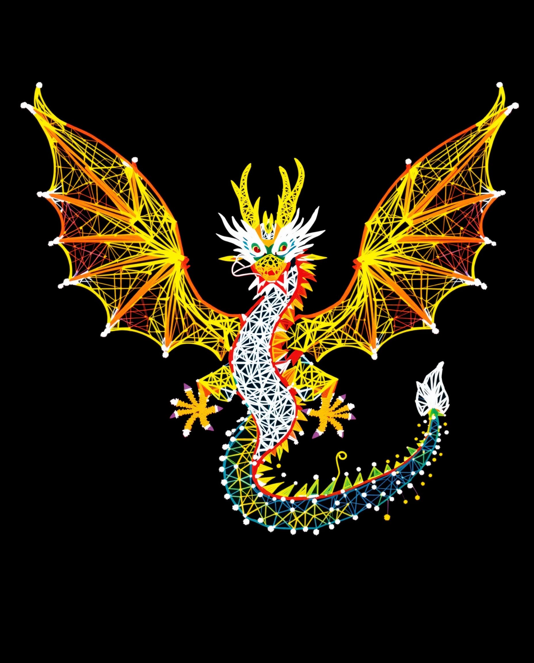 AI generated: String art style, string art style create a string artwork using colored thread of a dragon in fligh...